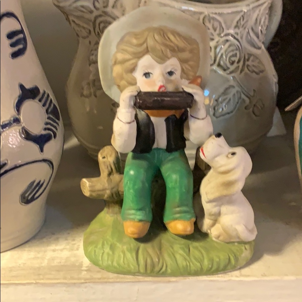 Vintage Boy Playing Harmonica Figurine